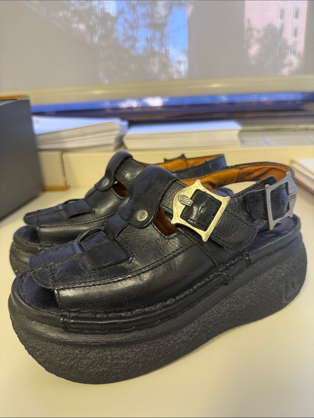 Y2K vintage Underground Black Leather Platform Sandals with Silver Buckles